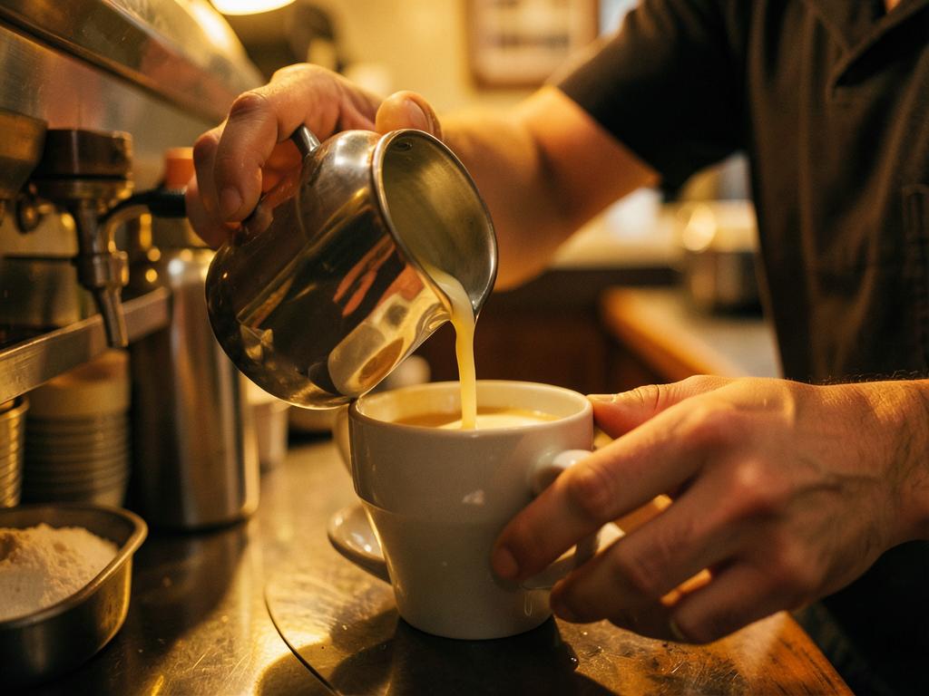 Barista finishing a coffee at the counter