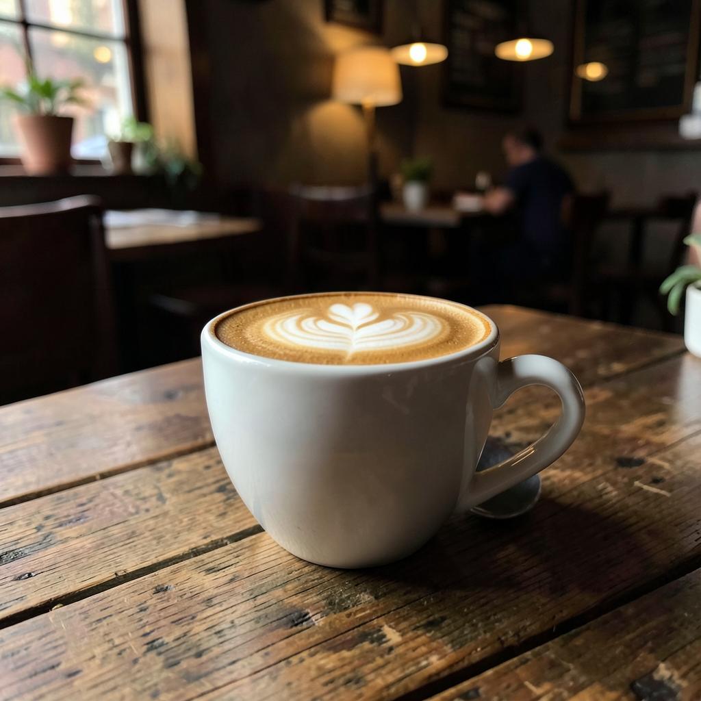 Freshly poured coffee with latte art on a wooden table