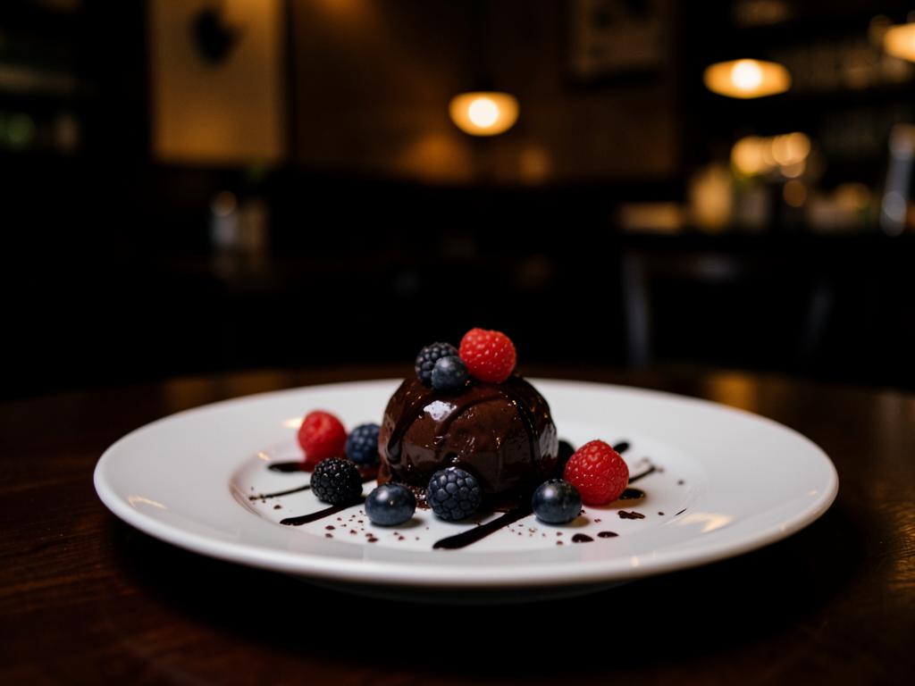 Plated chocolate dessert with fresh berries