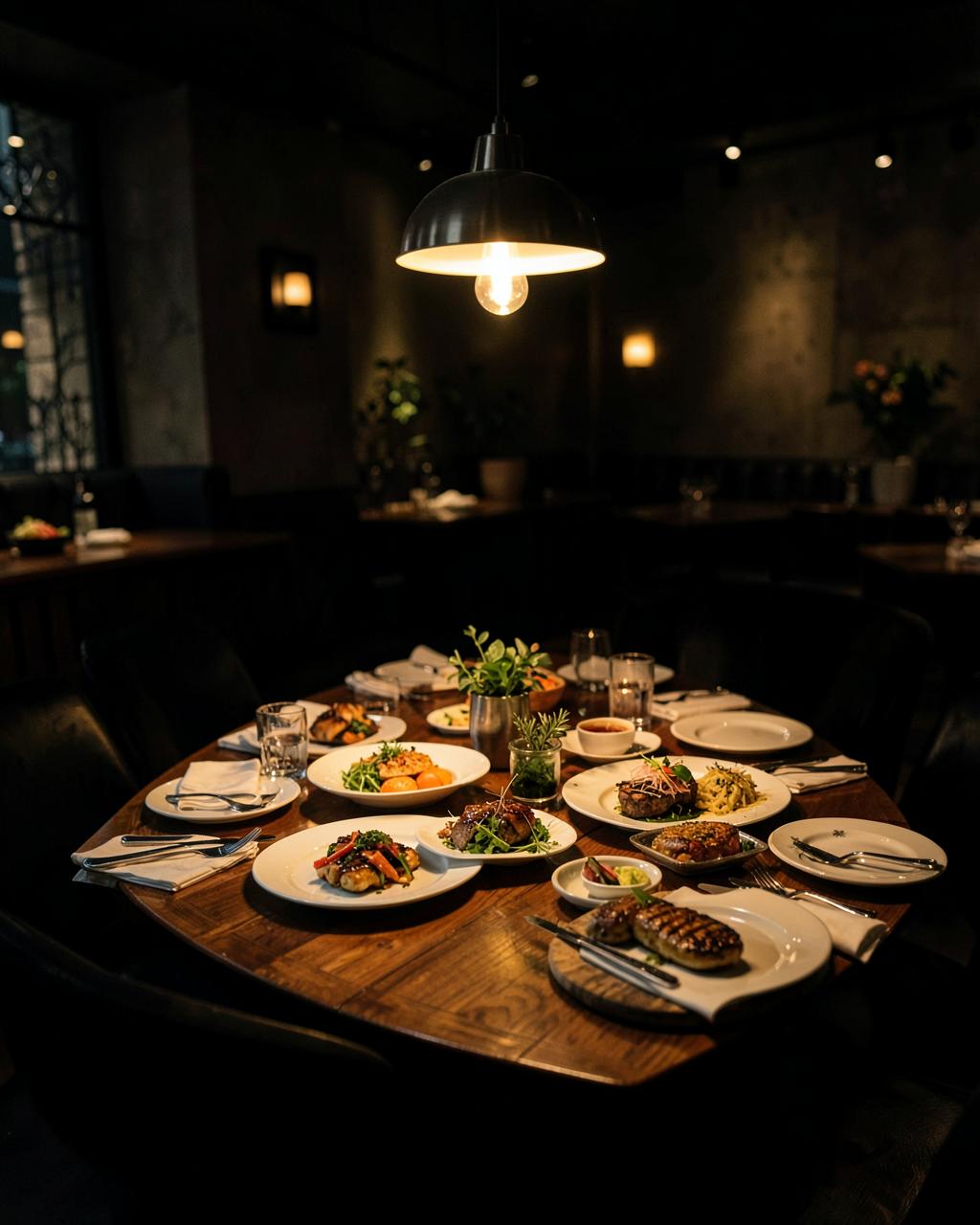 Dining table set with an assortment of dishes
