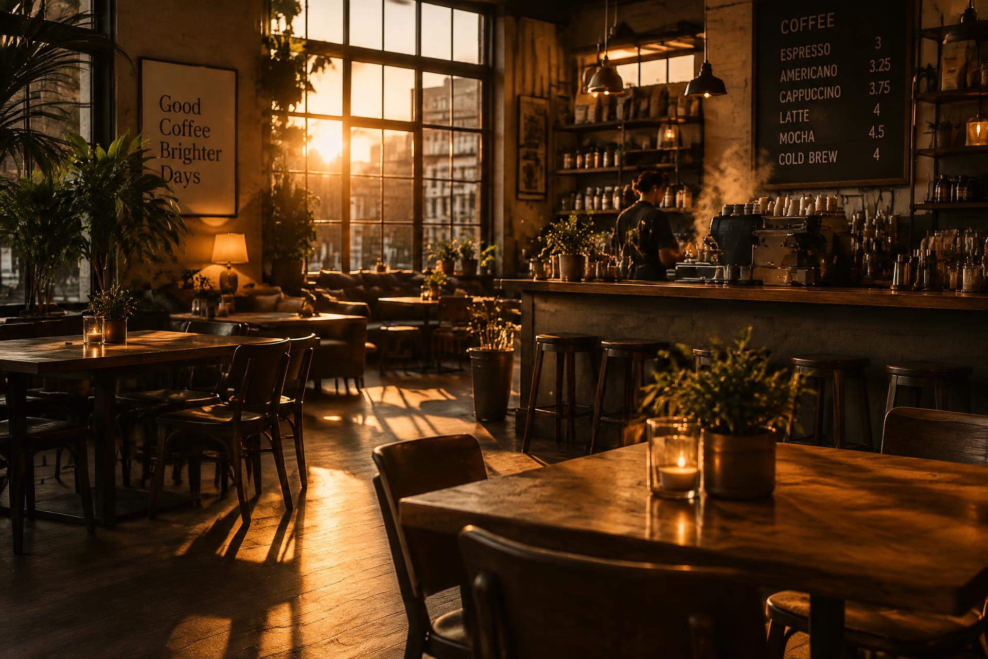 Warm, softly lit cafe interior with wooden tables and a barista at the counter